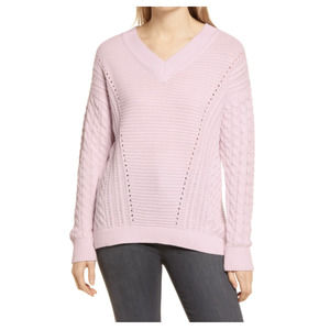 Caslon Cable Knit V-Neck Relaxed Fit Cotton Blend Sweater in Pink Ice NWT Size S